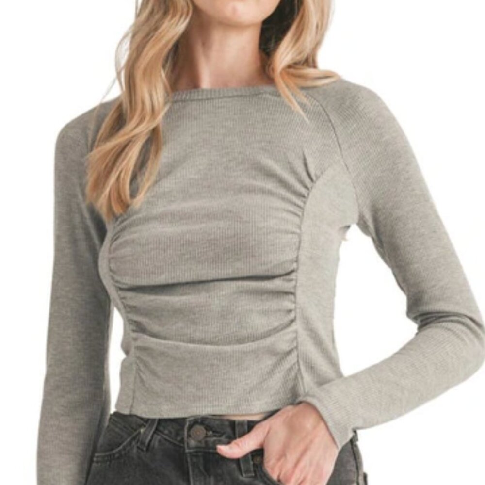 Lush Women's Ruched Front Grey Waffle Long Sleeve Flattering Top Athleisure S